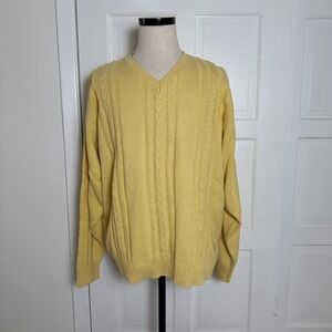 Tommy Hilfiger Golf Sweater Mens 2XL Yellow Cable Knit V Neck Cotton Pullover